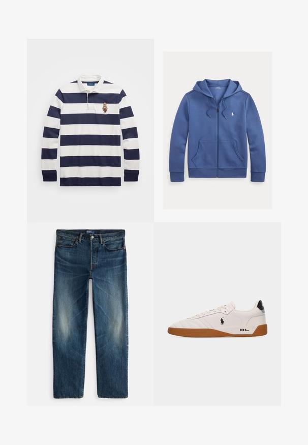 Modrá mikina na zips s kapucňou, sťahovacími šnúrkami, prednými vreckami a malým bielym logom Polo Ralph Lauren na ľavej strane hrudníka.; Polo Ralph Lauren CLASSIC FIT POLO BEAR RUGBY SHIRT - Top s dlhým rukávom - blu; Indigo modré riflové nohavice so strihom rovné nohavice, štýl s piatimi vreckami a jemné blednutie na stehnách. Kovové zapínanie na gombík a zips.; Biela nízka teniska s hnedou gumovou podrážkou, čiernym logom Polo Ralph Lauren na boku a textom „RL" na päte.