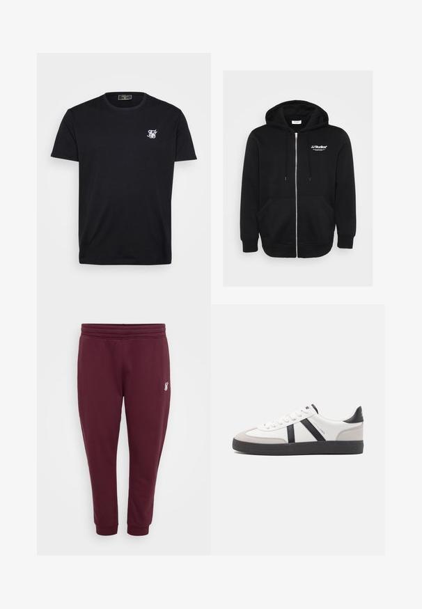 Schwarze Zip-Hoodie aus Baumwollmischung, mit einer vorderen Kängurutasche, Kordelzugkapuze und weißem Logo auf der Brust.; Schwarzes Baumwoll-T-Shirt mit kurzen Ärmeln, Rundhalsausschnitt und kleinem weißen gestickten Logo auf der linken Brust. Einfaches und klassisches Design.; Burgunderfarbene Sweatpants aus weichem Stoff, mit einem elastischen Bund, Bündchen an den Knöcheln und einem kleinen gestickten Logo am linken Oberschenkel.; Weiße Sneaker mit schwarz- und grau-aczenten, ausgestattet mit einer strukturierten grauen Zehenkappe, schwarzer Gummi-Sohle und flachen weißen Schnürsenkeln. Sauberes Design, minimalistische Stil.