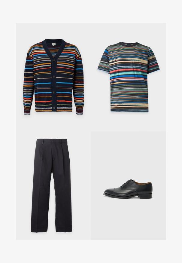 Cárdigan azul marino con rayas horizontales multicolores, escote en V, mangas largas y botones negros en la parte delantera.; Camiseta de manga corta multicolor con rayas horizontales en tonos de azul, rojo, naranja, verde, negro y beige sobre fondo blanco.; Pantalones negros de pierna recta con trabillas para cinturón y pliegues delanteros sobre un fondo blanco liso.; Zapato de vestir de piel negra con un acabado suave, punta redondeada, cinco ojales para los cordones y tacón bajo en bloque. Diseño minimalista con costuras sutiles.