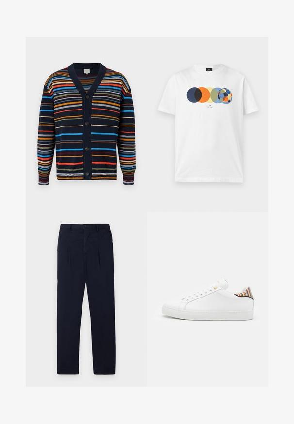 Cardigan bleu marine avec des rayures horizontales multicolores, col en V, manches longues et boutons noirs sur le devant.; T-shirt blanc à manches courtes avec un graphique de cinq cercles colorés qui se chevauchent, le dernier ressemblant à un ballon de football multicolore, et un petit texte en dessous.; Pantalons bleu marine en tissu léger avec une taille plate, deux plis et une fermeture à bouton standard au niveau de la taille.; Baskets en cuir blanc avec une finition lisse, présentant un accent rayé coloré au niveau du talon, des œillets dorés et une semelle blanche plate.