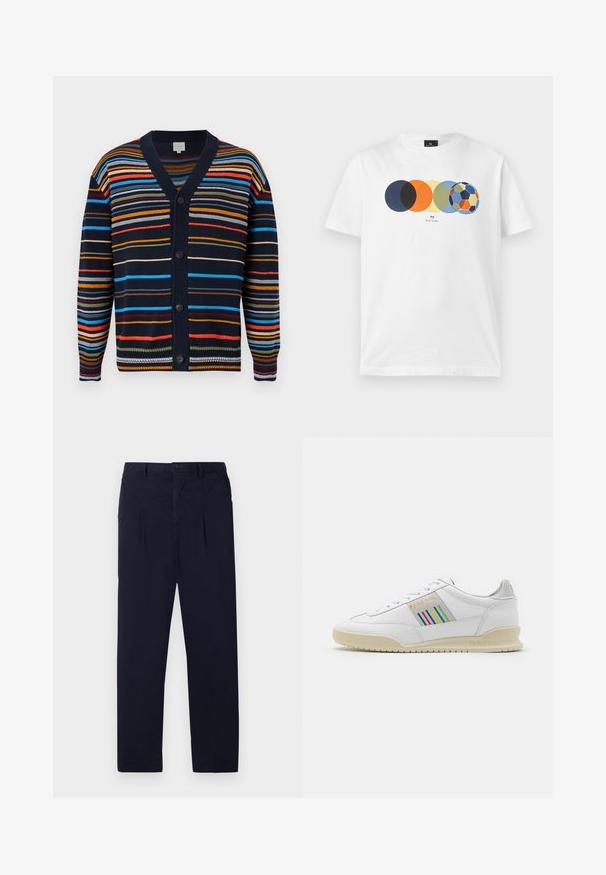 Cárdigan azul marino con rayas horizontales multicolores, escote en V, mangas largas y botones negros en la parte delantera.; Camiseta blanca de manga corta con gráfico de cinco círculos de colores superpuestos, el último semejando un balón de fútbol multicolor, y texto pequeño debajo.; Pantalones azul marino hechos de una tela ligera que cuentan con un frente plano, dos pliegues y un cierre de botón estándar en la cintura.; Zapatilla de cuero blanca con suela crema, acentos de rayas multicolores en el lateral y el logotipo "PS Paul Smith" en dorado.