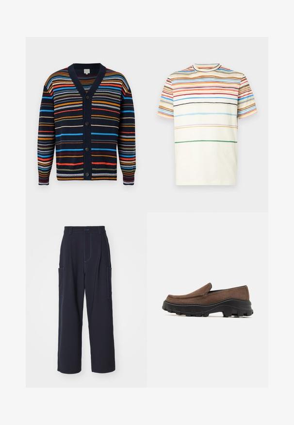 Cardigan bleu marine avec des rayures horizontales multicolores, col en V, manches longues et boutons noirs sur le devant.; T-shirt à manches courtes, col rond, à rayures horizontales multicolores sur la partie supérieure et les manches, bas uni blanc cassé.; Pantalons cargo navy avec coutures bleues, ceinture élastique, deux poches latérales, coupe droite et texture de tissu douce.; Chaussure slip-on en daim marron avec une semelle en caoutchouc noir épaisse dotée de motifs de traction audacieux et d'un design de bout arrondi et lisse.