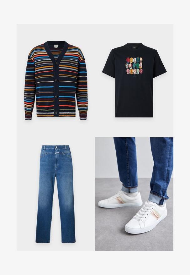 Marineblauwe cardigan met meerkleurige horizontale strepen, V-hals, lange mouwen en zwarte knopen aan de voorkant.; Zwarte katoenen t-shirt met een kleurrafische afbeelding van verschillende lippen in diverse patronen en kleuren op de voorkant. Ronde halslijn, korte mouwen.; Blauwe denim jeans met een rechte pijp, voorzien van een knoopsluiting, riemlussen en subtiele vervaging op de bovenbenen.; Witte leren sneakers met meerkleurige strepen, vetersluiting, rubberen zool en gevoerd kraagje, gecombineerd met blauwe spijkerbroek.
