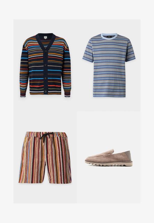 Cardigan bleu marine avec des rayures horizontales multicolores, col en V, manches longues et boutons noirs sur le devant.; T-shirt à manches courtes avec col rond, motif tricoté à rayures horizontales bleu, beige et gris et col bleu clair.; Shorts longueur genou avec des rayures verticales multicolores dans des tons de rouge, bleu, marron et rose, avec une taille élastique et un cordon noir.; Mocassin en daim marron clair avec semelle en caoutchouc en zigzag et patch talon lisse, vue latérale sur fond blanc uni.