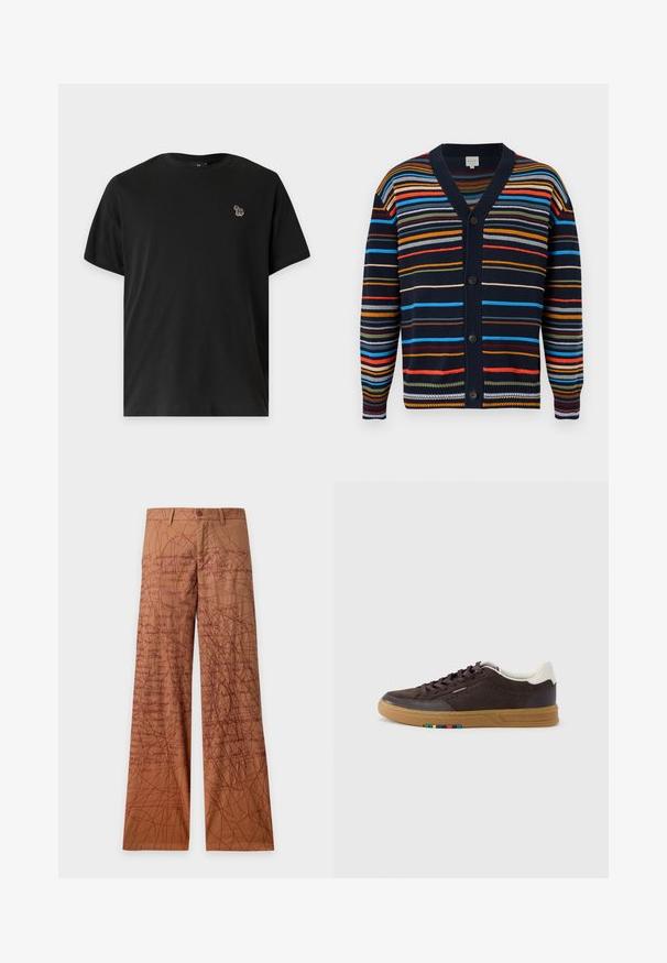 Cardigan bleu marine avec des rayures horizontales multicolores, col en V, manches longues et boutons noirs sur le devant.; T-shirt noir à manches courtes avec un petit logo zèbre multicolore sur la poitrine gauche sur un fond uni.; Pantalon droit marron avec un motif de griffonnages et de texte manuscrit en rouge foncé sur tout le tissu.; Baskets en daim brun foncé avec semelle gomme, languette blanche au talon, fermeture à lacets et petit détail multicolore sur le côté de la semelle.