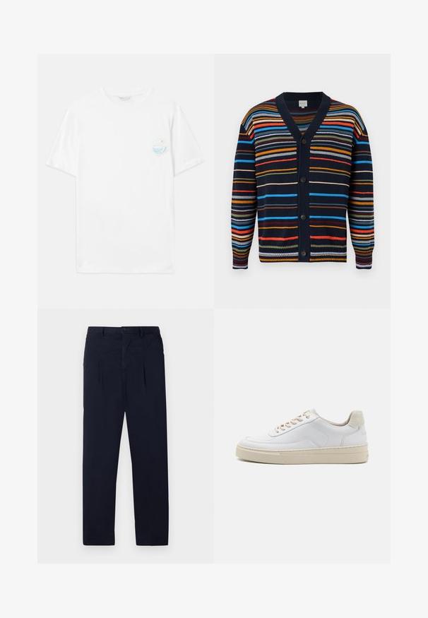 Cardigan bleu marine avec des rayures horizontales multicolores, col en V, manches longues et boutons noirs sur le devant.; T-shirt en coton blanc à manches courtes, avec un petit imprimé graphique multicolore sur le côté gauche de la poitrine représentant des vagues et le texte "Sorti du plastique".; Pantalons bleu marine en tissu léger avec une taille plate, deux plis et une fermeture à bouton standard au niveau de la taille.; Sneaker blanche avec un dessus en cuir lisse, des lacets beige et un onglet de talon en daim beige texturé. Semelle surélevée pour une hauteur supplémentaire.