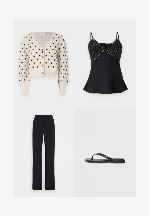JDY SIGRID LIFE VNECK STRUC - Vest - cement; Zwarte mouwloze top met dunne bandjes, V-hals, versierd met zilverkleurige studs en kralen op de buste, en een uitlopende taille.; Zwarte, op maat gemaakte broeken met een platte voorkant, rechte pijpen en een gladde, gestructureerde stof. Geen zichtbare zakken of versieringen.; Zwarte teenflip-flop van glad leer, met een dunne band en een platte zool met een minimalistisch profiel. Geen opvallende patronen of accenten.