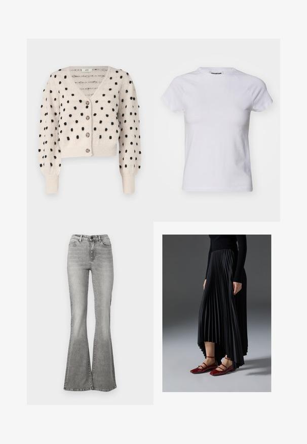JDY SIGRID LIFE VNECK STRUC - Cardigan - cement; Noisy May NMKATINKA - T-shirts basic - bright white; Grå udvidede jeans lavet af denim, med høj talje, forlommer og en falmende effekt. Vidden i buksebenene er lidt bredere, hvilket skaber en udvidet form.; Sort plisseret nederdel med en høj-lav kant, parret med glansfulde røde flade sko med en remdesign. Stoffet har en glat overflade.