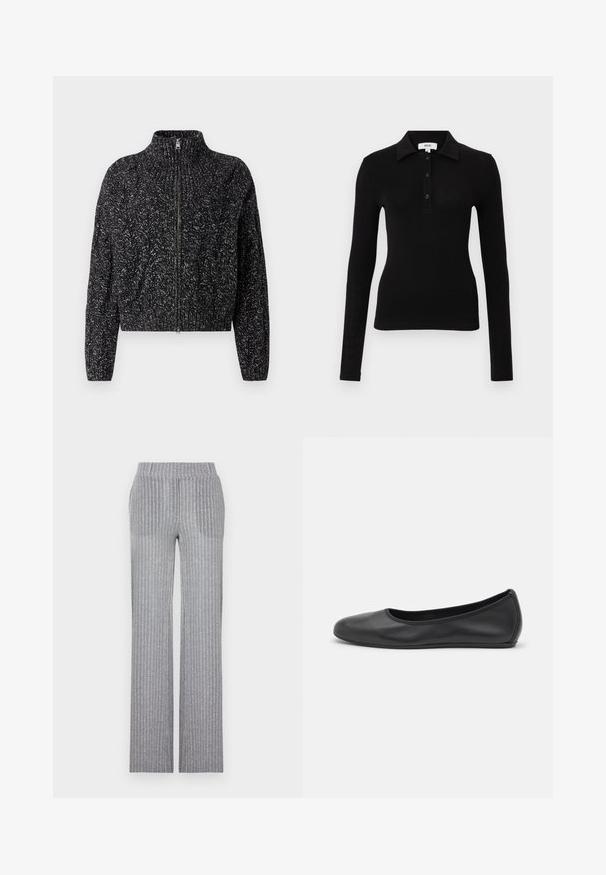 CLOSED TROYER ZIP CARDIGAN - Chaqueta de punto - dark grey melange; Polo de manga larga negro hecho de tela suave, con cuello con solapa, tapeta con botones y diseño ajustado para una apariencia estilizada.; Pantalones de punto gris con textura acanalada, cintura ajustada y pierna acampanada. Presentan un brillo sutil y rayas verticales para dar textura.; Bailarina de piel negra con punta redondeada, textura suave, detalle de costura minimalista y diseño de suela flexible.