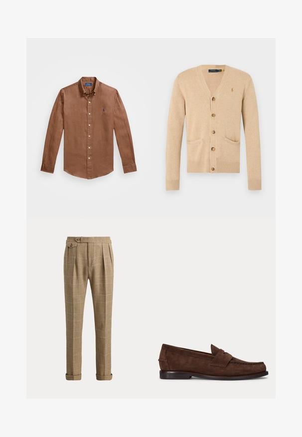 Cárdigan beige de punto con escote en v, botones de madera, dos bolsillos delanteros y puños y bajo acanalados. Textura sutil y diseño clásico.; Camisa de manga larga marrón de botones hecha de lino, con un cuello clásico, botones en la parte delantera y un pequeño logo azul en el pecho.; Pantalones marrones y beige a cuadros con pliegues, dobladillos doblados y un bolsillo lateral con botón sobre un fondo neutro.; Zapato tipo loafer de ante marrón con tacón bajo y costuras visibles en la punta, el lateral y la parte trasera, mostrado sobre un fondo claro y liso.