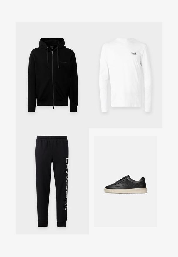 Sudadera negra con cremallera hecha de una mezcla de algodón. Presenta una capucha, cordones y un pequeño logo en el lado izquierdo del pecho. Textura suave, puños acanalados.; Camiseta blanca de manga larga hecha de algodón, con un pequeño logo negro de EA7 en el lado izquierdo del pecho. Diseño simple con cuello redondo.; Pantalones de chándal negros hechos de una mezcla de algodón, con una cinturilla elástica, piernas estrechas, puños acanalados y estampado de logo blanco en el lateral.; Zapatilla baja negra de cuero con cordones negros y una gruesa suela de goma color blanco roto, mostrada sobre un fondo blanco.