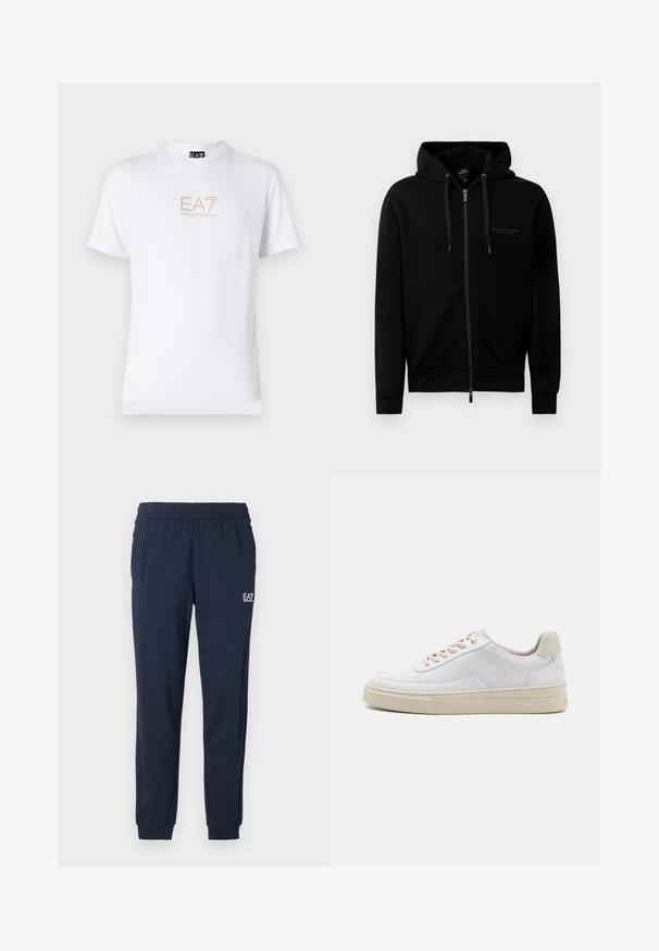 Zwarte zip-up hoodie gemaakt van een katoenmix. Heeft een capuchon, trekkoorden en een klein logo op de linkerborst. Soepele textuur, ribbelboorden.; Witte katoenen t-shirt met een ronde halslijn en korte mouwen, voorzien van een gouden EA7 Emporio Armani-logo op de voorkant.; Marineblauwe sweatpants met een elastische tailleband en boorden. Voorzien van een klein wit logo op het linkerpant. Gemaakt van een zachte, rekbare stof.; Witte sneaker met een gevoerd leren bovenwerk, beige veters en een gestructureerde beige suede hieltab. Verhoogde zool voor extra hoogte.