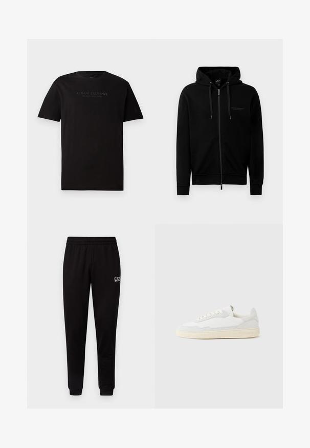 Haut à zip noir fabriqué en mélange de coton. Comprend une capuche, des cordons de serrage et un petit logo sur la poitrine gauche. Texture lisse, poignets côtelés.; T-shirt en coton noir avec un col rond et des manches courtes. Sur le devant, on trouve un texte en relief "ARMANI EXCHANGE MILANO / NEW YORK".; Pantalon de survêtement noir avec une taille élastique, des jambes fuselées et un petit logo blanc en haut à gauche. Texture lisse et design simple.; Baskets blanches avec dessus en daim et cuir texturé. Caractérisées par un bout arrondi, une fermeture à lacets et une semelle en caoutchouc beige contrastante.