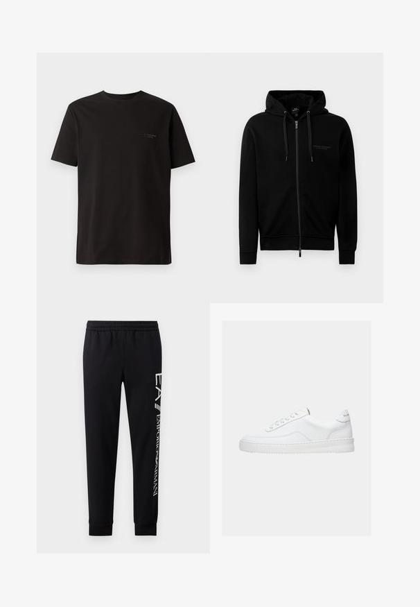 Sudadera negra con cremallera hecha de una mezcla de algodón. Presenta una capucha, cordones y un pequeño logo en el lado izquierdo del pecho. Textura suave, puños acanalados.; Camiseta negra de manga corta hecha de algodón. Presenta un cuello redondo y un sutil logo en el área del pecho izquierdo. Textura suave.; Pantalones de chándal negros hechos de una mezcla de algodón, con una cinturilla elástica, piernas estrechas, puños acanalados y estampado de logo blanco en el lateral.; Zapatilla deportiva blanca de corte bajo con diseño con cordones, parte superior de cuero liso y suela gruesa, vista de lado sobre un fondo liso.