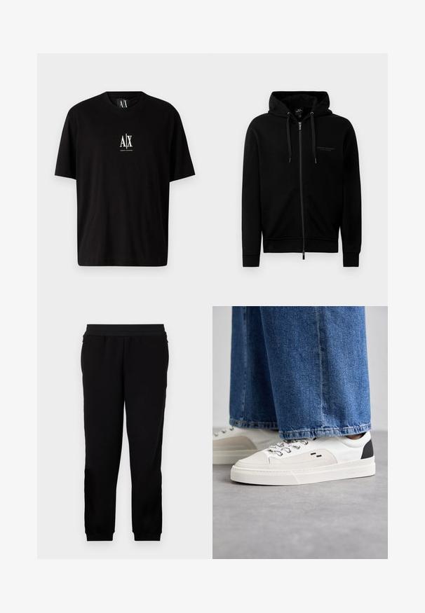 Schwarze Kapuzenjacke aus Baumwollmischung. Verfügt über eine Kapuze, Kordeln und ein kleines Logo auf der linken Brust. Glatte Textur, gerippte Bündchen.; Schwarzes Baumwoll-T-Shirt mit kurzen Ärmeln, rundem Halsausschnitt und einem kleinen weißen Logo "A|X", das mittig auf der Brust platziert ist.; Schwarze Sweatpants aus einem weichen Material, mit elastischem Bund, eng anliegenden Bündchen und Seitentaschen für zusätzlichen Komfort.; Weiße und schwarze Sneaker mit einem Obermaterial aus glattem Leder, strukturierten Akzenten und einer massiven weißen Sohle. Verfügt über ein klassisches Schnürdesign.