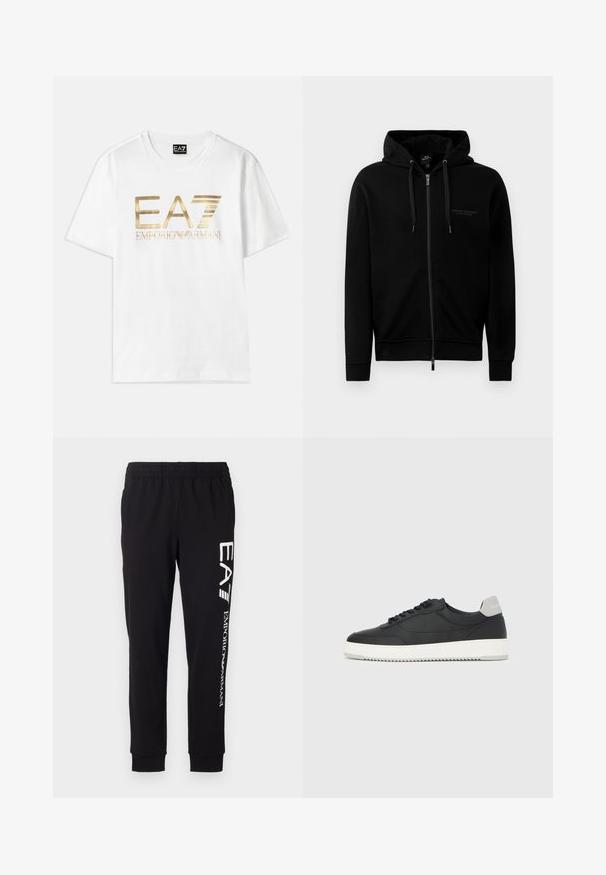 Sort zip-up hættetrøje lavet af en blanding af bomuld. Har en hætte, snore og et lille logo på venstre bryst. Glat tekstur, ribbede manchetter.; Hvid bomulds t-shirt med et stort guldmetallic "EA7" logo og teksten "EMPORIO ARMANI" nedenunder, med korte ærmer og rund hals.; Sorte sweatpants lavet af strækbart stof. Har en elastisk talje, tapered manchetter og hvid branding på venstre ben.; Sort lavtop-sneakers med hvid sål og grå hælkappe, set fra siden på en helt hvid baggrund.