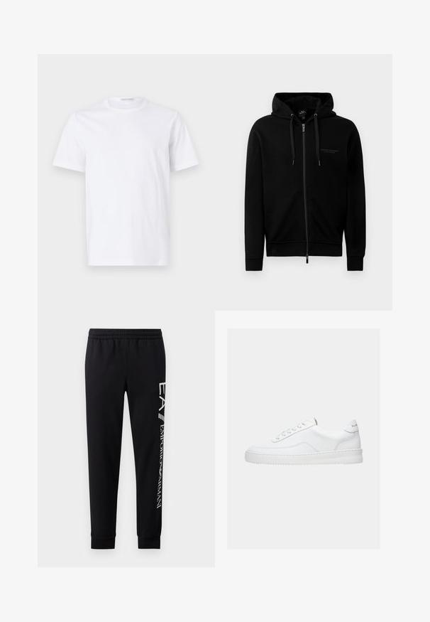 Zwarte zip-up hoodie gemaakt van een katoenmix. Heeft een capuchon, trekkoorden en een klein logo op de linkerborst. Soepele textuur, ribbelboorden.; Witte katoenen t-shirt met een ronde hals en korte mouwen. Gladde textuur, rechte snit en minimalistisch ontwerp zonder patronen of accenten.; Zwarte sweatpants van een katoenmix, met een elastische tailleband, taps toelopende benen, ribgebreide boorden en een wit logo-opdruk langs de zijkant.; Witte lage sneaker met vetersluiting, glad leren bovenwerk en dikke zool, gezien vanuit de zijkant tegen een effen achtergrond.