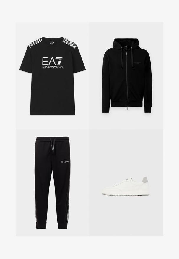 Sudadera negra con cremallera hecha de una mezcla de algodón. Presenta una capucha, cordones y un pequeño logo en el lado izquierdo del pecho. Textura suave, puños acanalados.; Camiseta negra de algodón con un logo blanco de EA7 y el texto 'Emporio Armani'. Tres rayas blancas en los hombros realzan el diseño.; Pantalones deportivos negros de mezcla de algodón, con una cinturilla acanalada, rayas laterales en blanco y bordado del logo en el muslo izquierdo delantero.; Zapatilla blanca de corte bajo con pestaña en el talón gris, cordones blancos y suela texturizada, presentada sobre un fondo claro y liso.