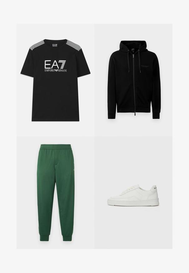 Sort zip-up hættetrøje lavet af en blanding af bomuld. Har en hætte, snore og et lille logo på venstre bryst. Glat tekstur, ribbede manchetter.; Sort bomulds t-shirt med et hvidt EA7-logo og teksten 'Emporio Armani'. Tre hvide striber på skuldrene fremhæver designet.; Grønne sweatpants med et behageligt elastisk talje bånd, tapered ben og ribbede manchetter. Fremstillet af et glat, strækbart stof.; Hvide lædersneakers med en glat overflade, rund tå, flade snørebånd og en tekstureret sål. Har et diskret logo på hælen.