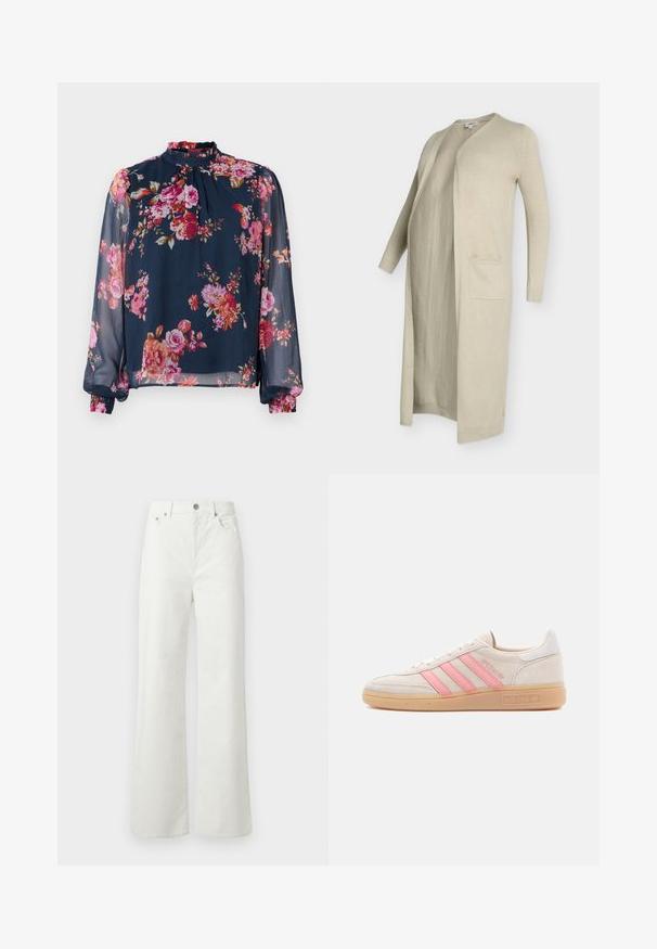 Beige lang cardigan lavet af blødt strikstof, med åben front, to forlommer samt ribbet kant ved ærmer og nederst.; Blomstret bluse med lange, transparente ærmer; marineblå bundfarve med pink og orange blomster; høj halslinje og draperede manchetter ved håndleddene.; Samsøe Samsøe SHELLY - Jeans Relaxed Fit - clear cream; Beige ruskindsneaker med lyserøde tre striber på siden. Har en tekstureret gummisål og en hvid hælaccents. Minimalistisk design.