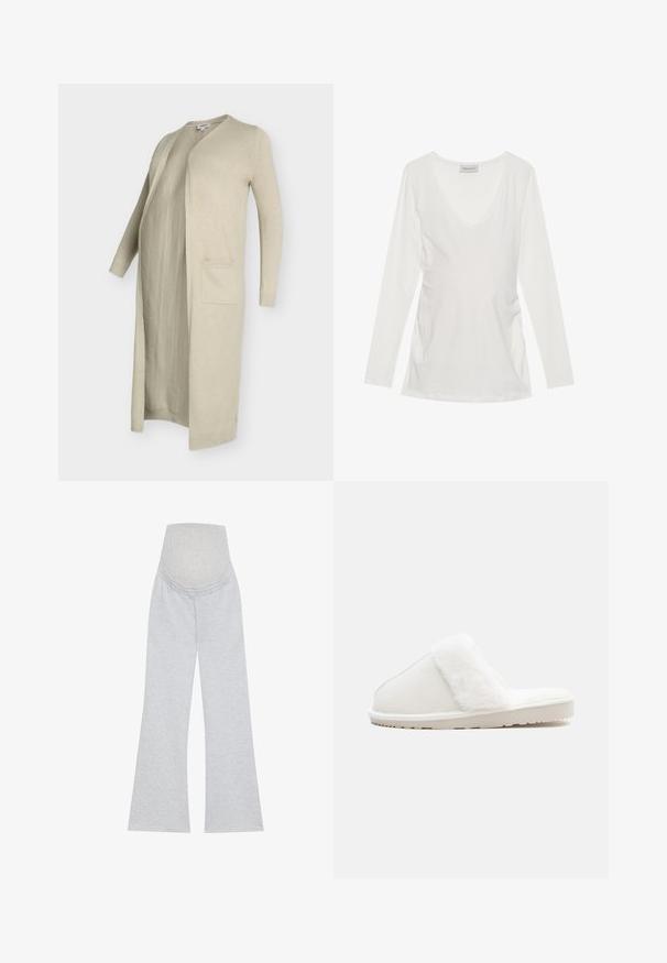 Beiger langer Cardigan aus weichem Strickstoff, mit offenem Vorderteil, zwei Fronttaschen sowie gerippten Bündchen und Saum.; Weißes Langarmoberteil mit V-Ausschnitt, das seitliche Raffinierungen aufweist. Hergestellt aus weichem, glattem Stoff mit einem lässigen Design.; Schwangeren-Bootcut-Hosen in Hellgrau, gefertigt aus einem weichen Baumwoll-Mix, mit einem dehnbaren, gerippten Bündchen für Komfort und Unterstützung.; Weißer Hausschuh mit einem weichen Kunstfellband, Filzoberteil, gepolsterter Sohle und einer strukturierten Gummisohle für rutschfesten Halt. Einfaches, rundes Design.