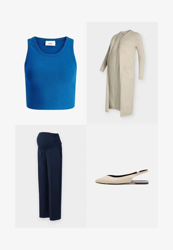 Beige lang cardigan lavet af blødt strikstof, med åben front, to forlommer samt ribbet kant ved ærmer og nederst.; Blå ribbet cropped top med bred halsudskæring, ærmeløs design og et mærke med teksten "JJXX" placeret midt på halsudskæringen.; Mørkeblå graviditetsbukser lavet af blødt stof, med en elastisk talje og justerbar snor, samt to sidelommer for ekstra bekvemmelighed.; Beige læder slingback flade sko med spidse tæer, minimalisk design, glat tekstur og en lav sort sål.