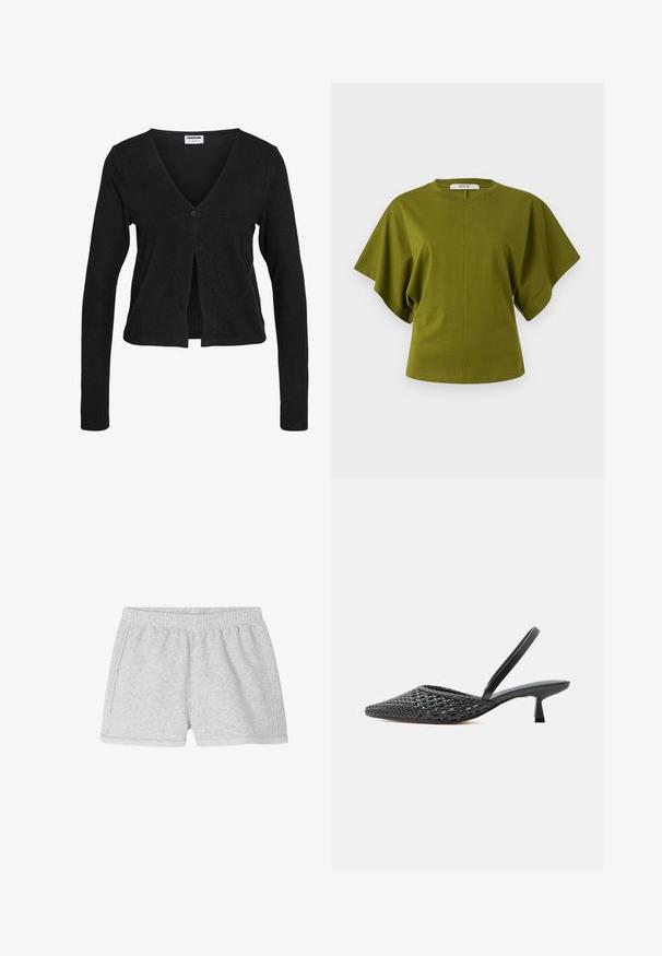 Schwarzer Langarm-Cardigan mit tiefem V-Ausschnitt und einem einzelnen Knopfverschluss vorne in der Mitte.; Olivgrünes Kurzarmshirt mit weitem, locker sitzendem Ärmel und Rundhalsausschnitt, auf neutralem Hintergrund präsentiert.; American Vintage ATUBAY - Shorts - arctique chine; Schwarzer, gewebter Slingback-Schuh mit spitzer Zehenpartie und niedrigem Kitten-Heel auf hellem, einfarbigem Hintergrund.