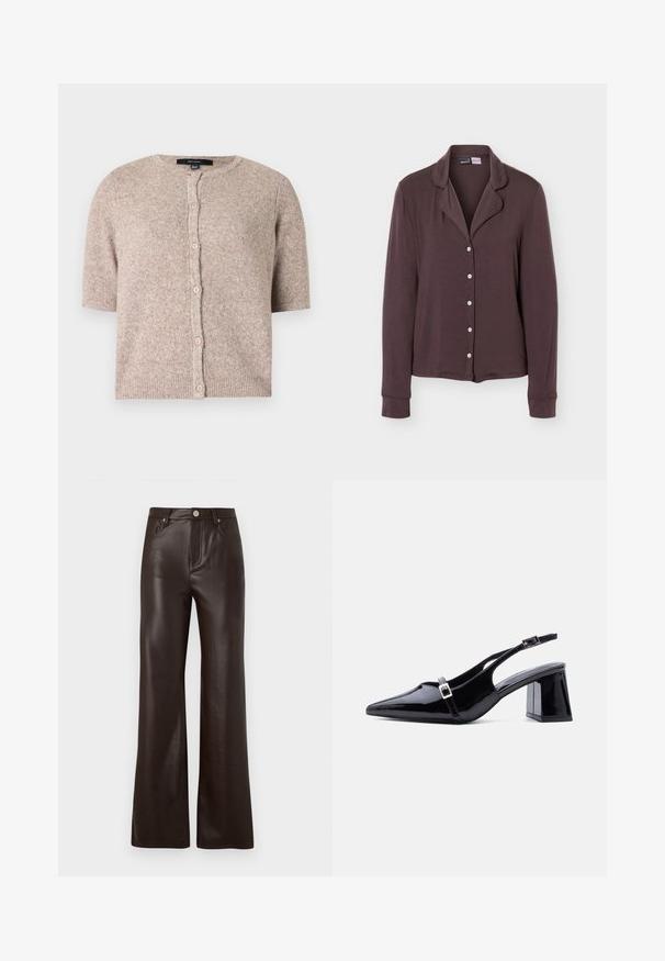 Kort beige cardigan med korte ærmer, ribbet kant og rund halsudskæring, lavet af blødt strikstof.; Mørkebrun langærmet skjorte med knapper, krave og fem hvide knapper, vist på en ensfarvet lysegrå baggrund.; Vero Moda Wide-leg VMTESSA High rise - Bukser - chocolate torte; Sort laklæder slingback-hæl med spids tå, lav blokhæl og to små sølvspænder på stropperne.