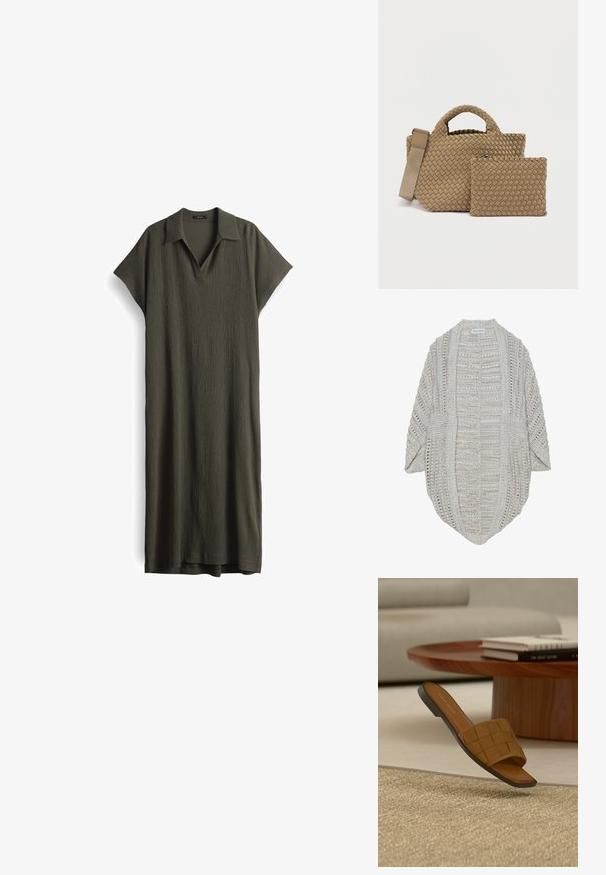 Beige Strickjacke mit offenem Front, lockeren Ärmeln und detailliertem strukturiertem Muster. Hergestellt aus leichtem Garn, hat einen entspannten Sitz.; Olivenfarbendes Kleid aus strukturiertem Stoff, mit einem Kragen, kurzen Ärmeln und einem locker sitzenden, knöchellangen Design.; Braune gewebte Lederschlupfsandale liegt neben einem runden Holzcouchtisch mit gestapelten Büchern auf einem beigen Teppich.; Geflochtene, hellbraune Handtasche mit zwei kurzen Griffen und abnehmbarem Riemen; beinhaltet eine passende geflochtene Tasche mit Reißverschluss. Strukturierte Oberflächendetails.