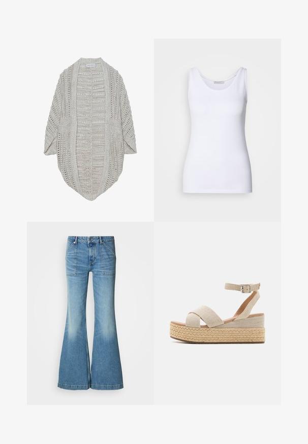 Cardigan en maille beige avec une ouverture sur le devant, des manches amples et un motif texturé détaillé. Fabriqué en fil léger, il présente une coupe décontractée.; Débardeur blanc en tissu lisse et extensible. Il possède un décolleté arrondi et des bretelles larges. L'ourlet se situe juste en dessous de la taille. Sans motifs ni accents.; Jean flare en denim bleu clair avec une taille haute. Comprend deux poches avant et un motif délavé le long des jambes. L'ourlet est légèrement effiloché.; Sandales plateforme espadrilles beiges avec une tige en textile tissé, des sangles croisées, une boucle à la cheville et une semelle en jute texturé.