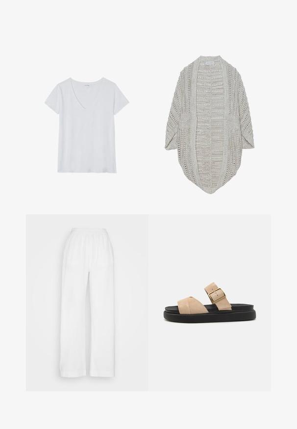 Beige neulecardigan, jossa on avoin etuosa, löysät hihat ja yksityiskohtainen tekstuurikuvio. Valmistettu kevyestä langasta, ja siinä on rento istuvuus.; Valkoinen V-kaula-aukkoinen t-paita lyhyillä hihoilla, valmistettu kevyestä kankaasta, jossa on sileä pinta ja rento istuvuus. Ei kuvioita tai koristeita.; Valkoiset, leveälahkeiset housut, jotka on valmistettu kevyestä, teksturoidusta kankaasta ja joissa on joustava vyötärö. Housuissa on väljä istuvuus, suorat lahkeet eikä taskuja.; Beige mokkasandalit, joissa on kaareva hihna, kultasävyinen solki ja musta pohja. Litteä muotoilu sopii rentoon käyttöön.