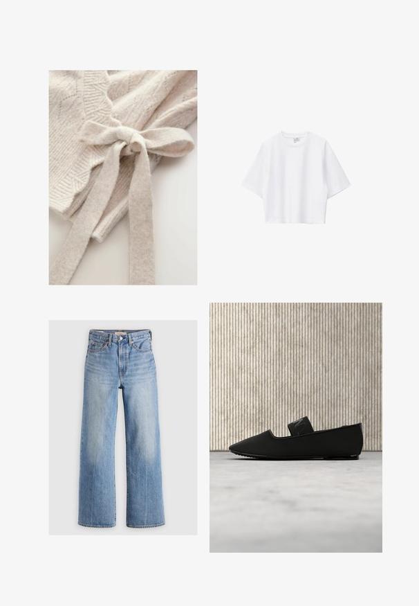 Suéter de punto beige claro con patrones texturizados, bordes acanalados y un detalle de lazo atado en el lateral. Material suave y acogedor.; Camiseta blanca corta hecha de algodón suave con cuello redondo, mangas cortas y un ajuste holgado. Diseño simple y versátil.; Pantalones vaqueros de mezclilla de corte ancho en azul claro, con cintura alta, zonas desteñidas, cinco bolsillos y costuras en contraste. Cierre clásico con botón y cremallera.; Zapato plano negro de punta puntiaguda con una banda elástica en la parte superior, colocado sobre una alfombra beige cerca de la base redondeada de una mesa marrón.
