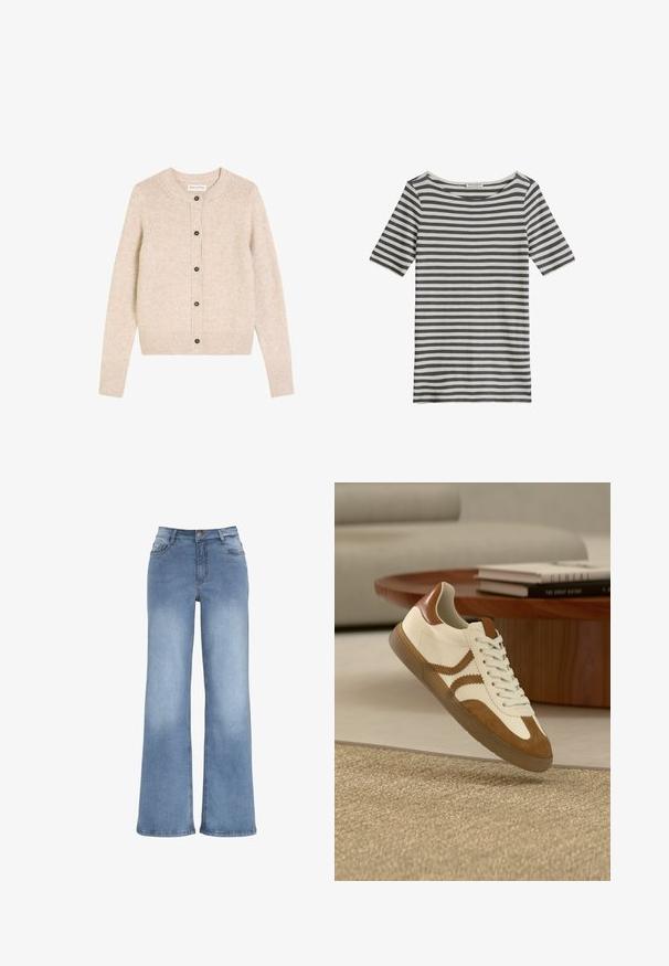 Beige gestrickte Strickjacke mit langen Ärmeln, Rundhalsausschnitt, gerippten Bündchen und Saum sowie fünf schwarzen Knöpfen auf der Vorderseite.; Schwarz-weiß gestreiftes T-Shirt mit kurzen Ärmeln und rundem Ausschnitt sowie einem Marc O’Polo-Label innen am Kragen.; Hellblaue weit geschnittene Jeans aus Denim. Verfügt über einen Knopfverschluss, fünf Taschen und Akzente durch Sticherei. Glatte Textur mit leichter Ausbleichung.; Weiße und beige Sneakers aus Leder und Wildleder, mit runder Zehenkappe, Schnürsystem und strukturierter Gummisohle mit dekorativen seitlichen Streifen.