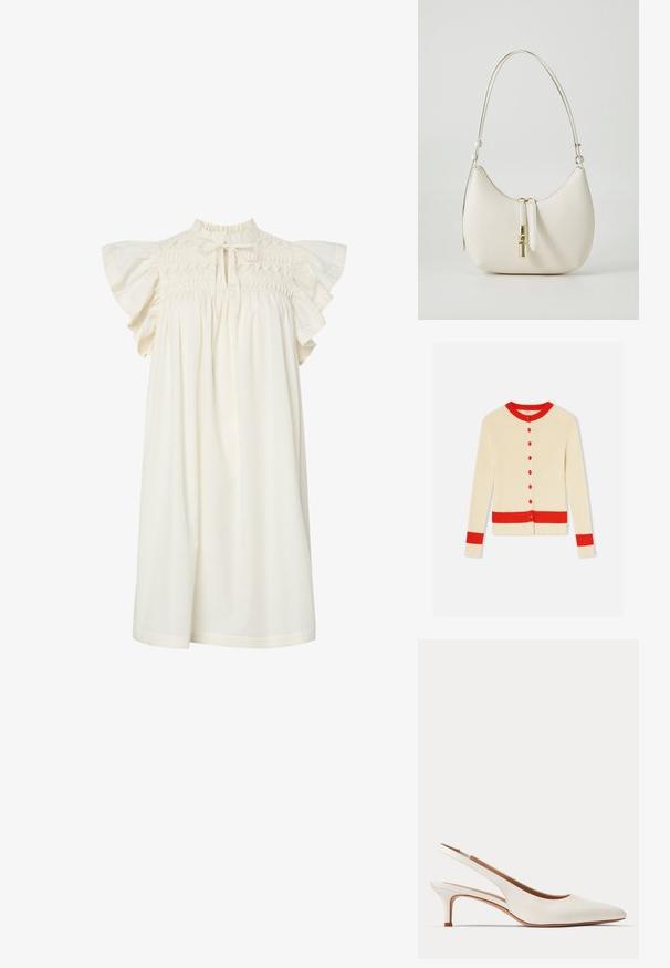 Cremefarbener, gerippter Cardigan mit rotem Kragen, Bündchen, Bund und roten Knöpfen vorne, flach auf weißem Hintergrund liegend.; Cremefarbenes ärmelloses Kleid mit gerafftem Oberteil, Rüschenärmelchen und kleinem Schlüssellochausschnitt vorne am hohen Ausschnitt.; Weißer Lederslingback-Kittenheel-Schuh mit spitzer Schuhspitze und niedrigem Absatz auf hellem, einfarbigem Hintergrund.; Weiße Leder-Schultertasche mit geschwungener Form, goldenen Beschlägen, doppelten Reißverschlüssen und glatter Textur. Verstellbarer Tragegurt inklusive.