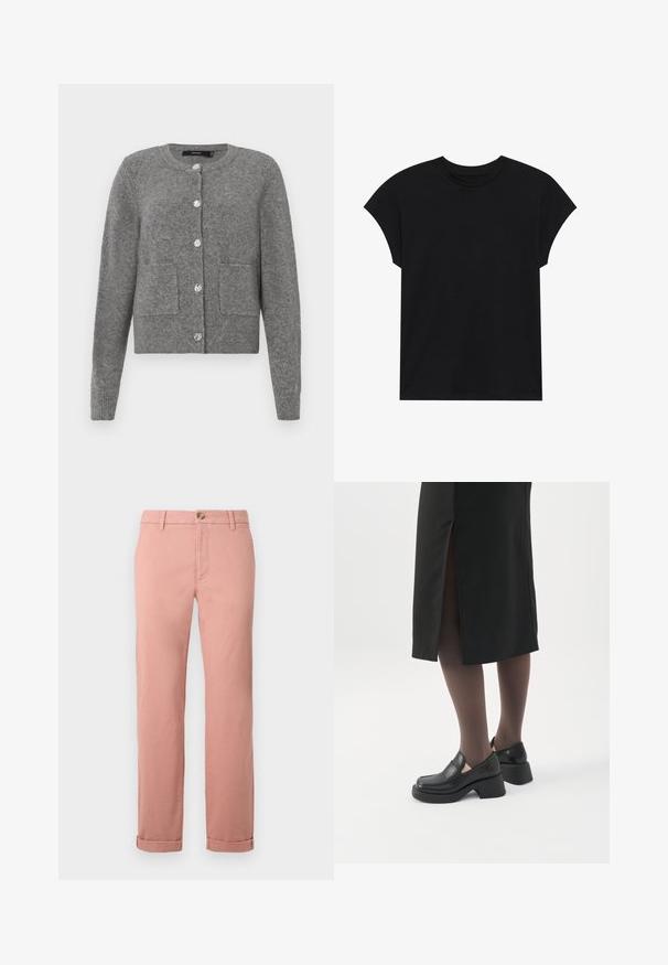 Grauer Strickcardigan mit langen Ärmeln, Rundhalsausschnitt, fünf Knopfverschluss, zwei Fronttaschen sowie gerippten Säumen und Bündchen.; Schwarzes Baumwoll-T-Shirt mit Rundhalsausschnitt, kurzen Ärmeln und entspannter Passform. Glatte Textur und keine sichtbaren Muster oder Verzierungen.; Hellrosa Chinos aus Baumwolle mit geraden Beinen, ausgestattet mit einem vorderen Knopfverschluss, Gürtelschlaufen und umgeschlagenen Säumen. Glatte Textur.; Frau trägt schwarze Loafers mit klobigem Absatz, schwarze transparente Strumpfhosen und einen schwarzen Rock mit Schlitz hinten vor weißem Hintergrund.