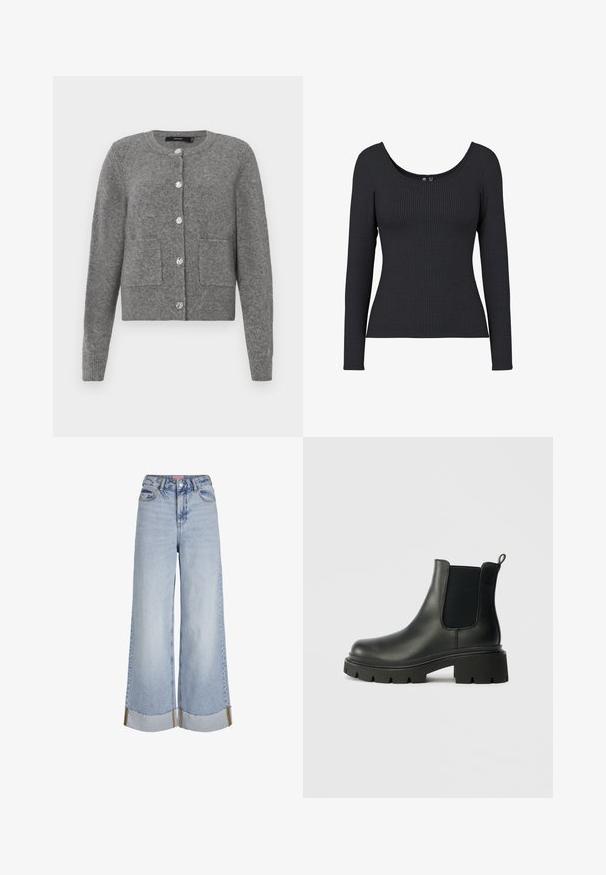 Grauer Strickcardigan mit langen Ärmeln, Rundhalsausschnitt, fünf Knopfverschluss, zwei Fronttaschen sowie gerippten Säumen und Bündchen.; Schwarzes geripptes Langarmoberteil mit U-Ausschnitt. Das Material ist weich und dehnbar und weist im gesamten Stoff eine vertikale Ripptextur auf.; Helles Blau weite Jeans mit hoher Taille, fransigen Säumen und kontrastierenden Nähdetails, aus Denim-Stoff gefertigt.; Schwarze Leder-Chelsea-Boots mit elastischen Seiteneinsätzen, einer strukturierten Oberfläche und einer dicken Gummisohle. Mit einer Zuglasche für einfaches Anziehen.