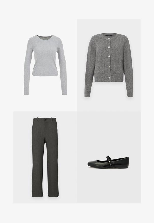 Grijze gebreide cardigan met lange mouwen, ronde halslijn, sluiting met vijf knopen, twee voorzakken en geribde zoom en manchetten.; Grijze langwerpige shirt met lange mouwen, gemaakt van een gestructureerde katoenen mix, met een ronde halslijn en een aangesloten pasvorm. Geen zichtbare patronen of versieringen.; Grijze broek met een gladde textuur, rechte pijpen en een subtiel ruitpatroon. Voorzien van een knoopsluiting en riemlussen.; Zwarte leren balletschoenen met een ronde neus, een platte zool en een dunne verstelbare band over de wreef met een metalen gesp.