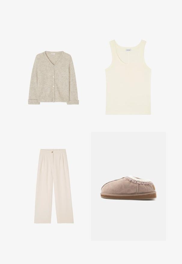 Cardigan beige clair en tissu doux, avec un col en V, des manches longues et cinq boutons à l'avant, doté d'un ourlet et de poignets côtelés.; Débardeur sans manches de couleur crème avec encolure dégagée et une petite étiquette de marque à l'intérieur au dos.; Pantalons beige à jambes larges avec une texture douce, présentant une fermeture à bouton à l'avant, des plis à la taille et une ceinture arrière élastiquée.; Chausson en suede beige doux avec une épaisse semelle marron et un bord tricoté blanc autour de la cheville, présenté en profil latéral.