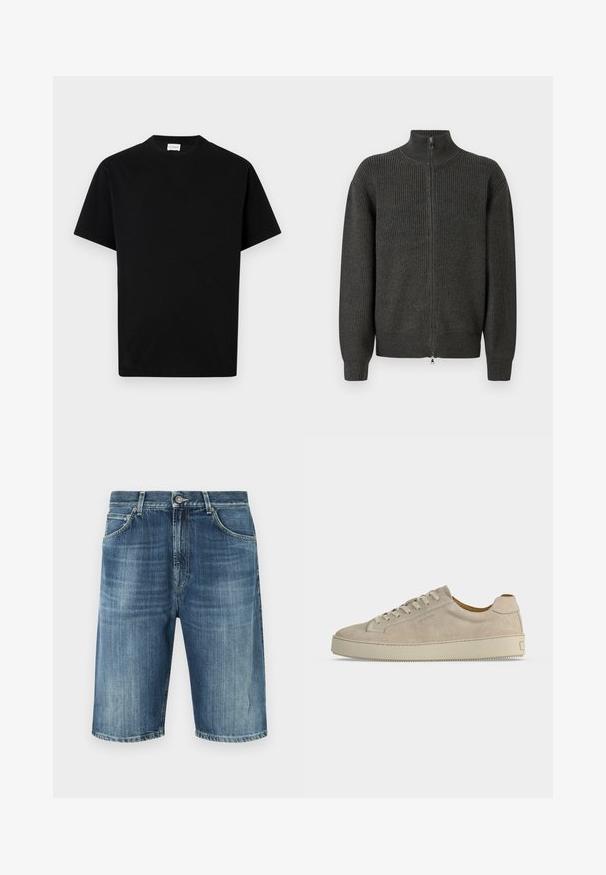 Mørkegrå ribbet strik-zip-sweater med høj krave og lange ærmer, præsenteret på en simpel hvid baggrund.; Sort bomuld t-shirt med rund hals, korte ærmer og lige snit. Ingen synlige mønstre eller hardwaredetaljer.; Denimshorts i lyseblå vask med en falmet tekstur, fem-lomme design, metal knaplukning og syet kant.; Beige ruskind lavtop sneaker med snørelukning og tyk gummisål, vist fra siden på en ensfarvet hvid baggrund.