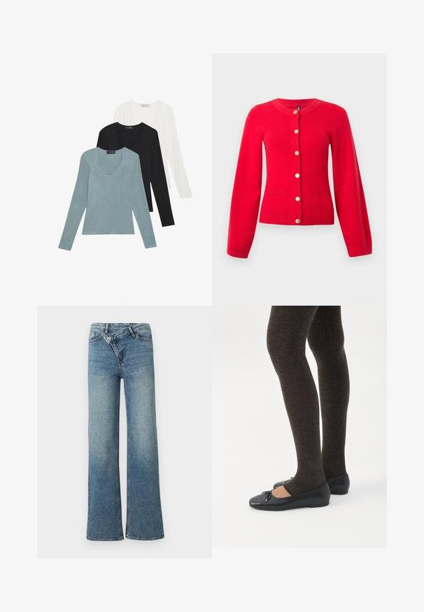 Rød cardigan med rund halsudskæring, lange ærmer, guldbeslag og to forlommer. Har ribbet kant og mansjetter.; Tre langærmede toppe i lys blå, sort og hvid. Designet har en rund udskæring og en blød, let stoftekstur.; Lyseblå denim jeans med vide ben og høj talje, let falmet effekt og knaplukning foran. Har fem lommer og minimal syning.; Ben iført mørke ribbede leggings kombineret med sorte balletsko med små sløjfedetaljer på hvid baggrund.