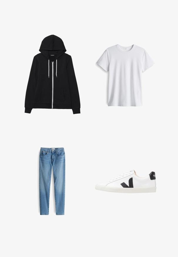 Zwarte zip-up hoodie met een trekkoordkap, voorzakken en ribgebreide manchetten. Gemaakt van zachte stof met een gladde textuur.; Witte katoenen t-shirt met een ronde halslijn en korte mouwen. Zachte textuur, rechte snit, geen zichtbare logo's of patronen.; Lichtblauwe spijkerbroek met een rechte pijp, vijf zakken en een knoopsluiting. De stof heeft een gladde textuur met subtiele vervaging.; Witte sneaker met een zwart V-logo, voorzien van een gladleren bovenwerk, ronde neus, vetersluiting en een contrasterende zwarte hieltab.