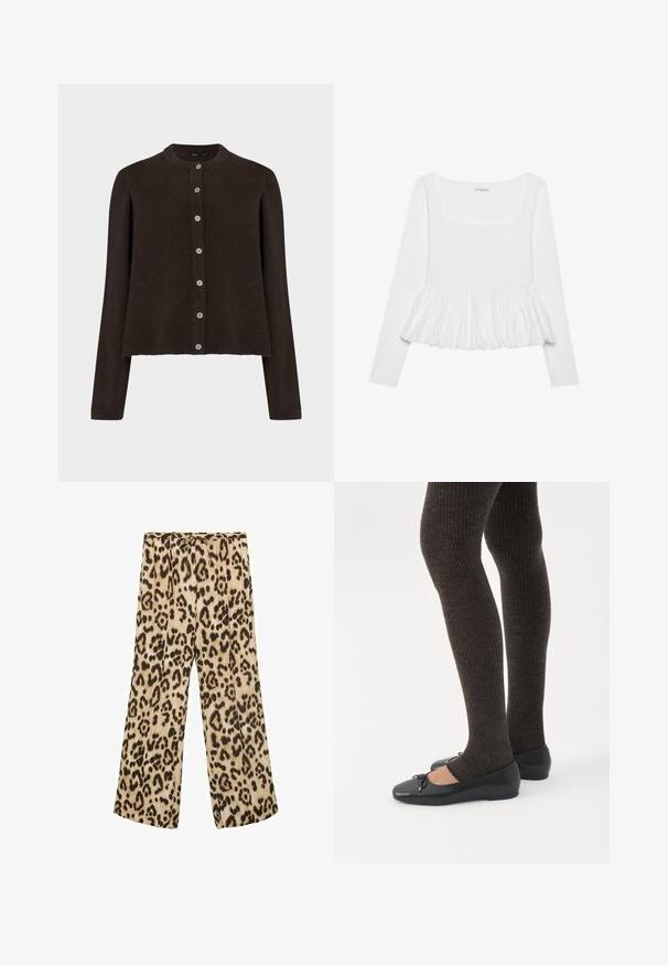 Brun strikket cardigan med rund halsudskæring og lange ærmer. Har seks knapper i en kontrasterende lys farve ned langs forsiden.; Hvid langærmet top med firkantet halsudskæring, der har en samlet peplumkant lavet af tekstureret stof. Etiketter synlige ved halsen.; Betræksbukser med leopardmønster i beige og brun, med snøre i taljen, glat stof og en afslappet pasform.; Ben iført mørke ribbede leggings kombineret med sorte balletsko med små sløjfedetaljer på hvid baggrund.