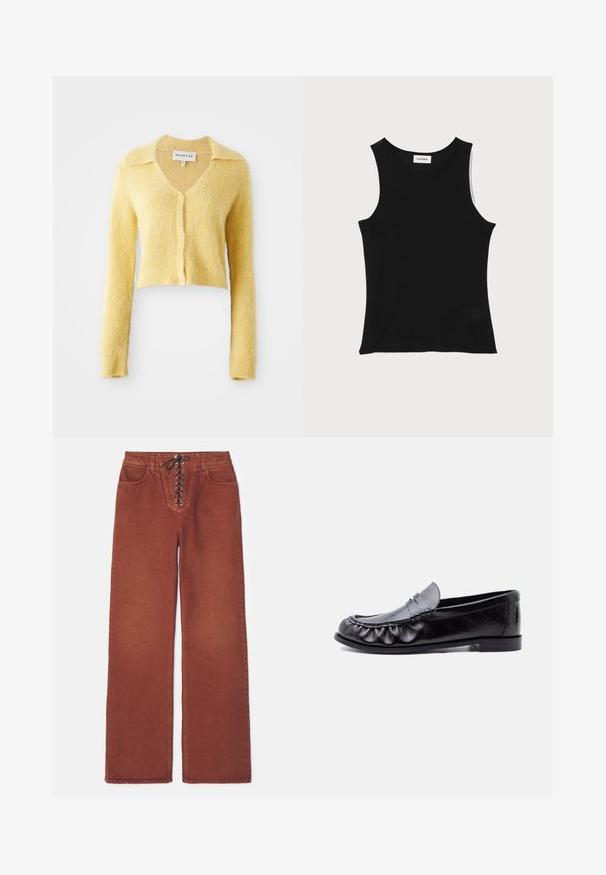 Gul, cropped cardigan lavet af tekstureret stof, med v-hals, lange ærmer og knapper foran. Blød, fuzzy uld-lignende udseende.; Sort ribbet tanktop med rund halsudskæring og brede skulderstropper, med en subtil struktureret finish og en lille mesh-detalje ved kanten.; Rustfarvede vide bukser med snørelukning foran, lavet af denim. Har to forlommer og en glat tekstur.; Sort læder herre loafer med penny-rem og detaljeret syning langs den afrundede tå, flad sål og lav hæl.