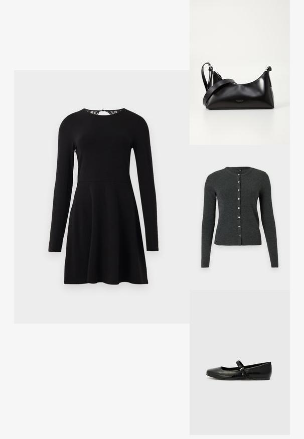 Dunkelgraue Strickjacke aus weichem Material, mit langen Ärmeln und rundem Ausschnitt, versehen mit silbernen Knöpfen vorne.; Schwarzes langärmliges Kleid mit weitem Rock und eng anliegendem Oberteil, mit einer Spitzenverzierung am Rückenausschnitt. Glatte Stoffoberfläche.; Schwarze Leder-Ballerinas mit einer runden Spitze, einer flachen Sohle und einem dünnen, verstellbaren Riemen über dem Spann mit einer Metallschnalle.; Schwarze lederne Handtasche mit glatter Textur. Verfügt über einen verstellbaren Riemen und ein elegantes, minimalistisches Design mit einem Reißverschluss.