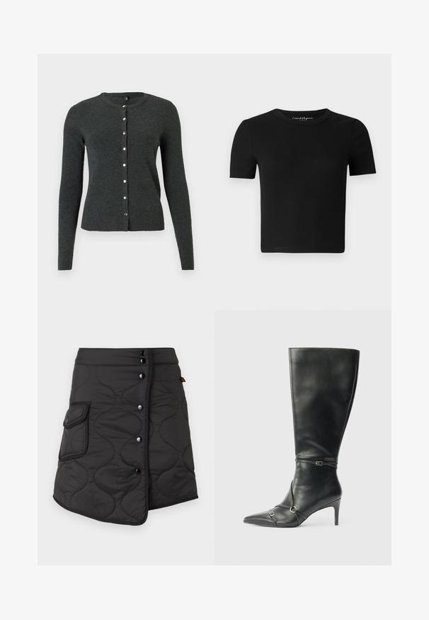 Cárdigan gris oscuro hecho de un suave tejido de punto, con mangas largas y un escote redondo, adornado con botones plateados en la parte delantera.; Camiseta ajustada negra con mangas cortas, textura acanalada y cuello redondo. Diseño simple, sin logotipos visibles ni adornos.; Falda negra acolchada con un dobladillo asimétrico, que presenta cinco botones oscuros y un bolsillo lateral con detalle de solapa redondeada.; Botas negras de cuero hasta la rodilla con tacón delgado, punta afilada y detalles de diseño con correas en el tobillo. Textura suave y diseño ajustado.