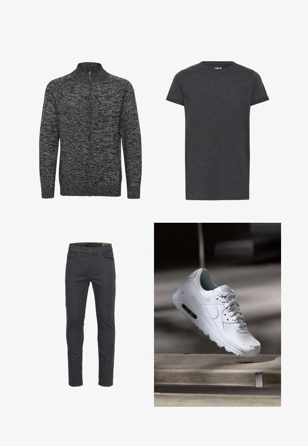 Sweat à zip gris et noir avec un col montant, en tissu tricoté texturé, et des poignets et un ourlet côtelés. Il comprend une fermeture éclair sur toute la longueur.; T-shirt à manches courtes gris foncé en tissu doux, doté d'un col rond et d'un petit détail décoratif à l'ourlet.; Jeans en denim bleu foncé avec une coupe slim, dotés de cinq poches, d'une fermeture par bouton et zip, et d'une couture contrastante. Texture lisse.; Sneaker Nike Air Max 90 blanche avec une tige en mesh et cuir, une boîte à orteils perforée et une unité air visible au talon.