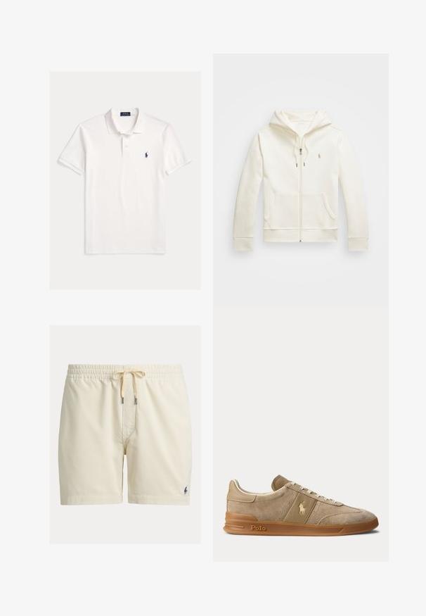 Sudadera con cremallera de color crema, fabricada en una tela suave, con un bolsillo frontal, capucha con cordón y un pequeño logo en el pecho.; Camisa Polo Ralph Lauren blanca de manga corta con cuello, tapeta de dos botones y pequeño logo bordado de caballo azul marino en el pecho izquierdo.; Pantalones cortos de pana beige con cintura elástica y cordón, con pequeño logotipo oscuro bordado en la parte inferior de la pierna izquierda.; Zapatilla beige de ante y cuero con suela de goma, cordones blancos y logo Polo en el lateral y la suela.