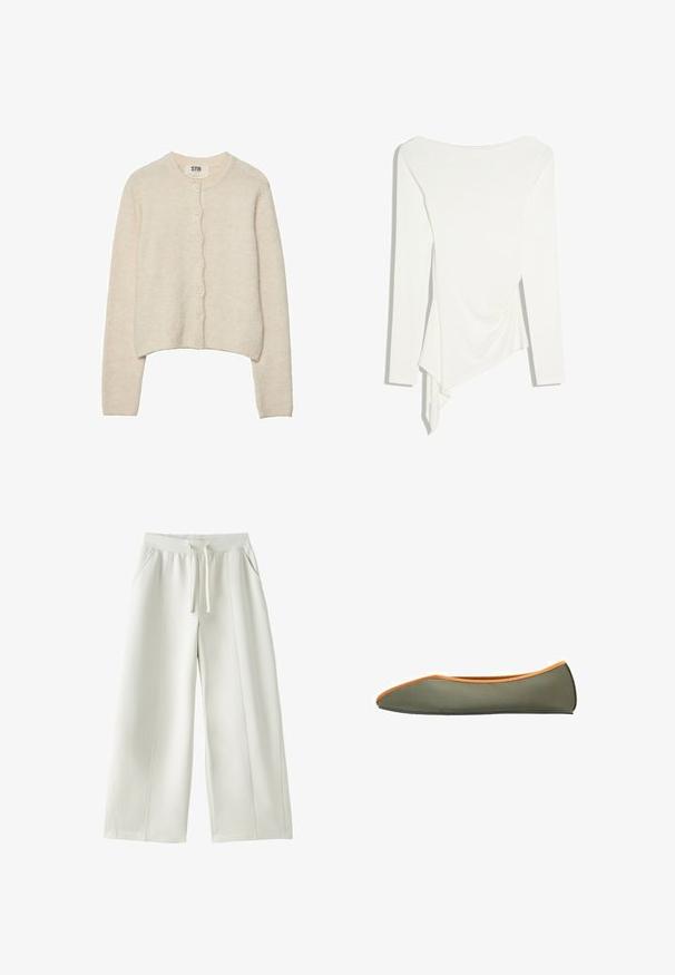 Lys beige cardigan lavet af blødt stof, med rund halsudskæring, lange ærmer og en frontknaplukning med syv knapper.; Hvid langærmet top med asymmetrisk kant og blødt draperingsdetalje på den ene side, vist på en ensartet baggrund.; Hvide bukser med vide ben, elastik i taljen, snøre foran, sidelommer og synlige syninger på ensfarvet baggrund.; Grøn flad sko med et strømlinet design, orange kant og en blød tekstur. Har en rund tå og en fleksibel sål.