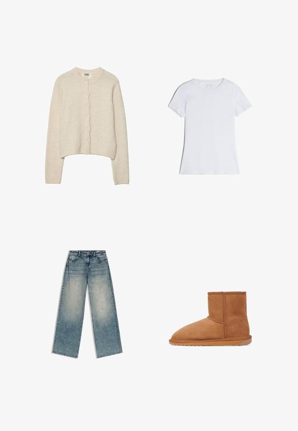 Lys beige cardigan lavet af blødt stof, med rund halsudskæring, lange ærmer og en frontknaplukning med syv knapper.; Klassisk hvid T-shirt med korte ærmer og rund hals, lagt fladt uden synlige mønstre eller logoer.; Blå vidbenede denimjeans med en falmet vask, design med fem lommer, bæltestropper og knaplukning, lagt fladt på en hvid baggrund.; Tan ruskinds ankelstøvle med rund tå, lodrette sømme og en tekstureret gummisål. Har et logo-accent på bagsiden.
