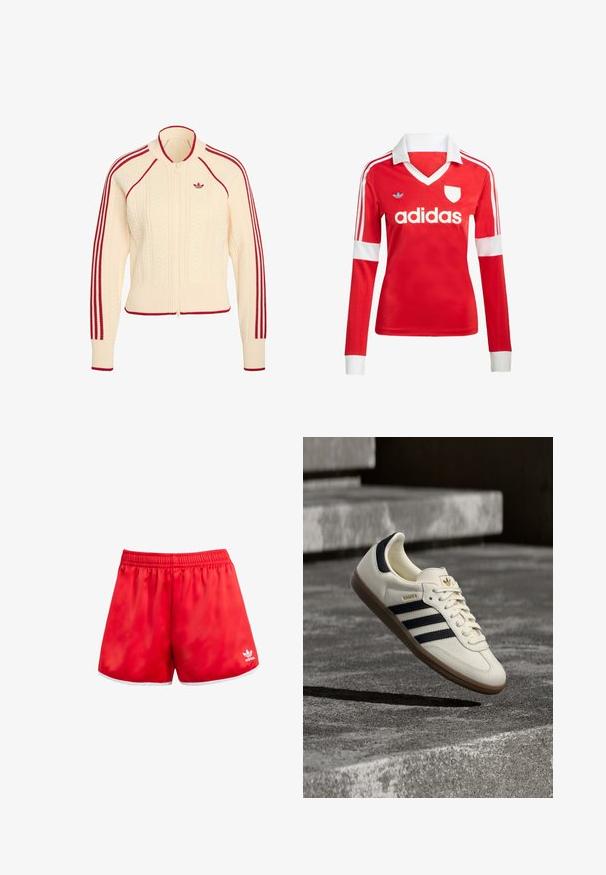 Kremfarvet strikket jakke med lynlås med røde striber langs ærmer og kanter, med lille rødt Adidas-logo på brystet.; Rød langærmet fodboldtrøje med hvid krave og manchetter. Har tre hvide striber på skuldrene og "adidas" logoet fremtrædende vist.; Røde sportsbukser med elastisk talje, hvid kant ved sømmen og en subtil glans. Har Adidas-logoet i hvid på den nederste venstre side.; Hvid Adidas Samba sneaker med sorte striber og gummsål, svævende over teksturerede grå betonstrin.